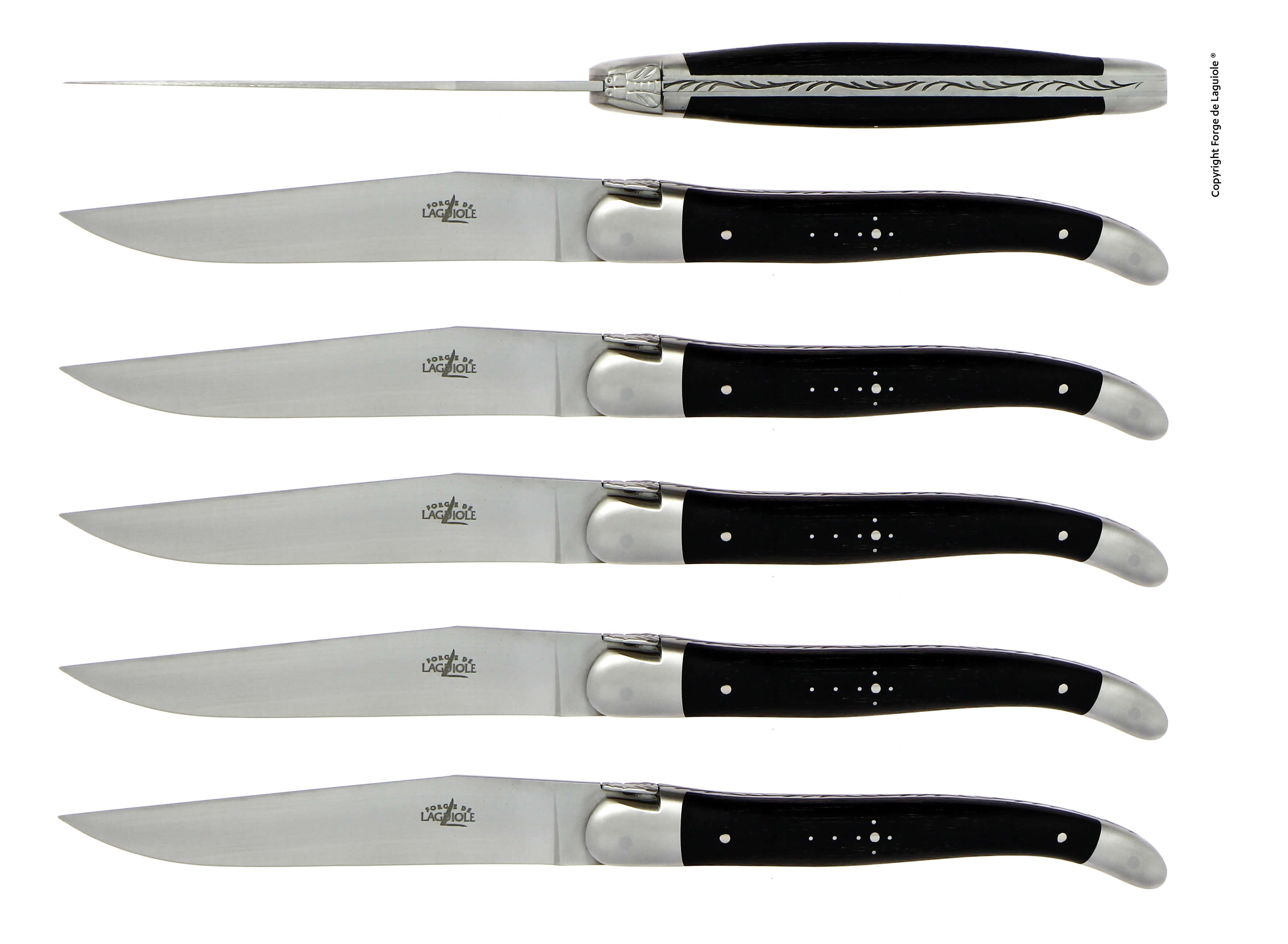 Forge De Laguiole-knivar med ebenholtshandtag och satinfinish i rostfritt stål