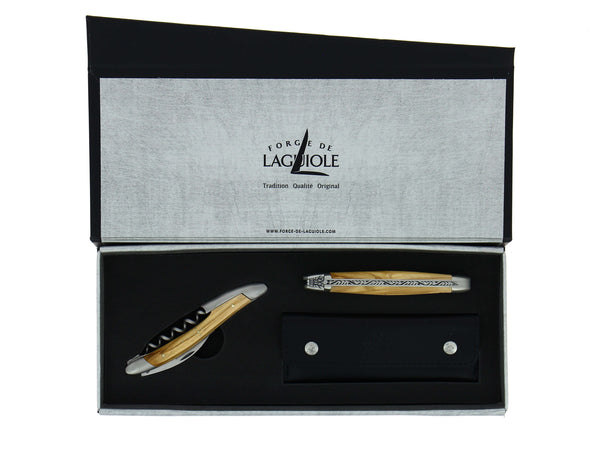 Giftset - Olivewood -  Sommelier Wineopener and Folding knive - Forge De Laguiole