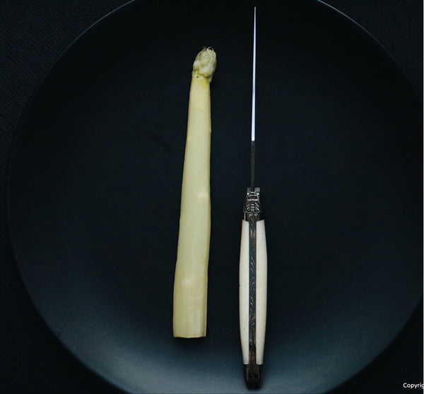 Forge De Laguiole-knivar med benhandtag, 2 bolster i rostfritt stål och högpolerat blad i rostfritt stål